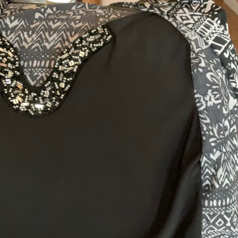 Fancy Ladies Black & White Top with Rhinestones. One piece with over blouse. - Picture 6 of 13